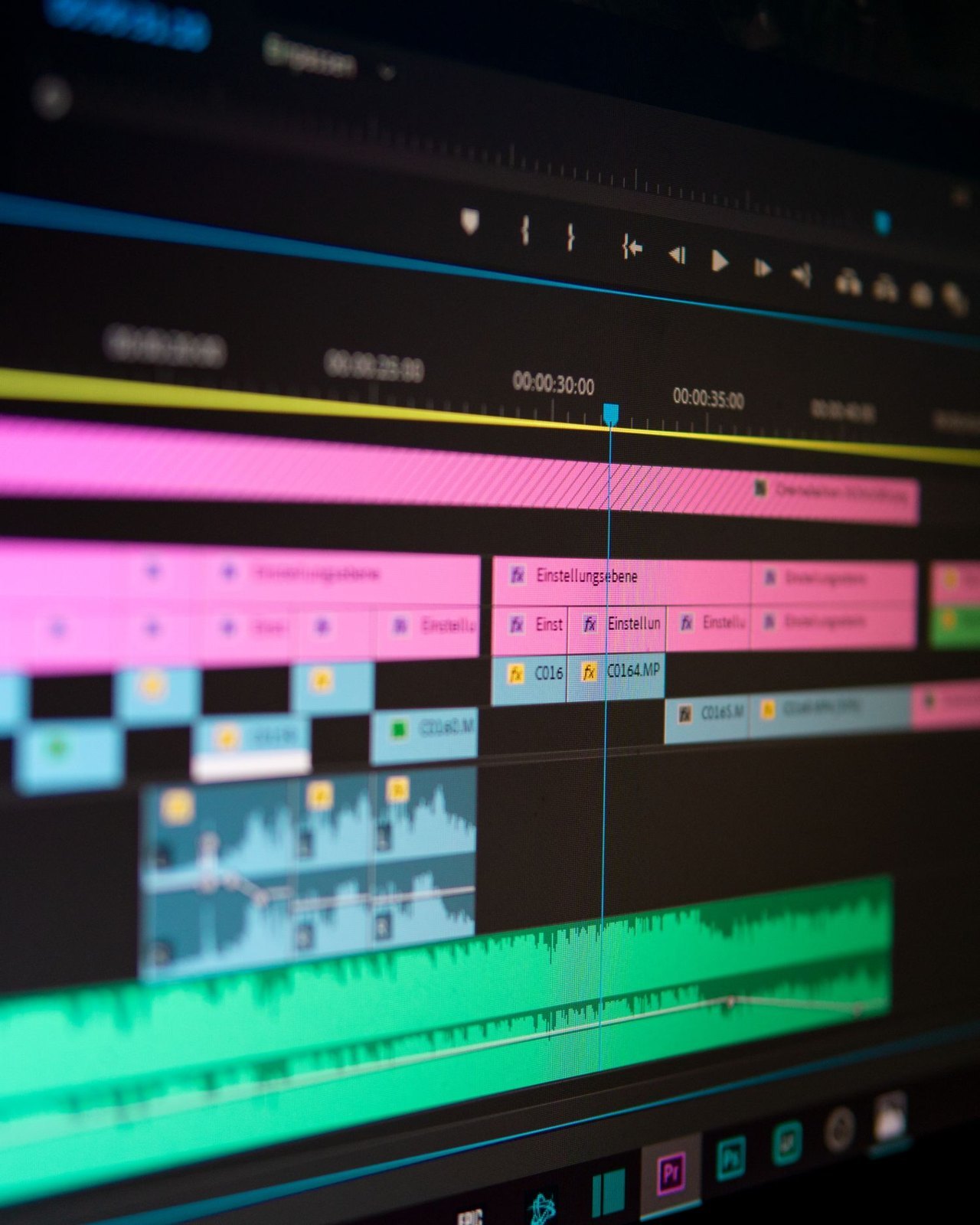 Multiple picture and sound tracks on an editing timeline.