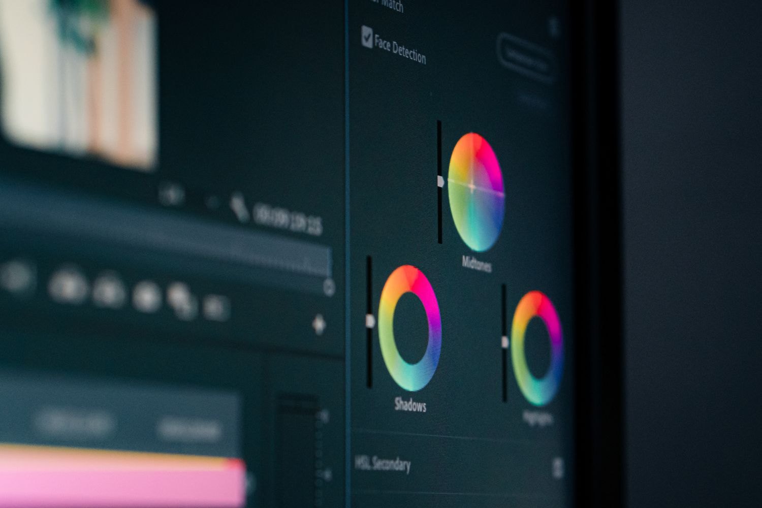 Colour wheels in a colour correction interface.