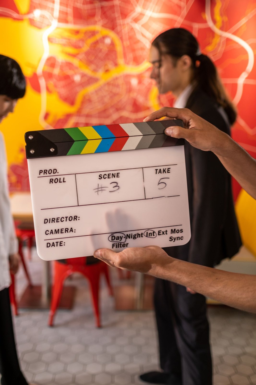 A behind-the-scenes view of a prepared film scene.